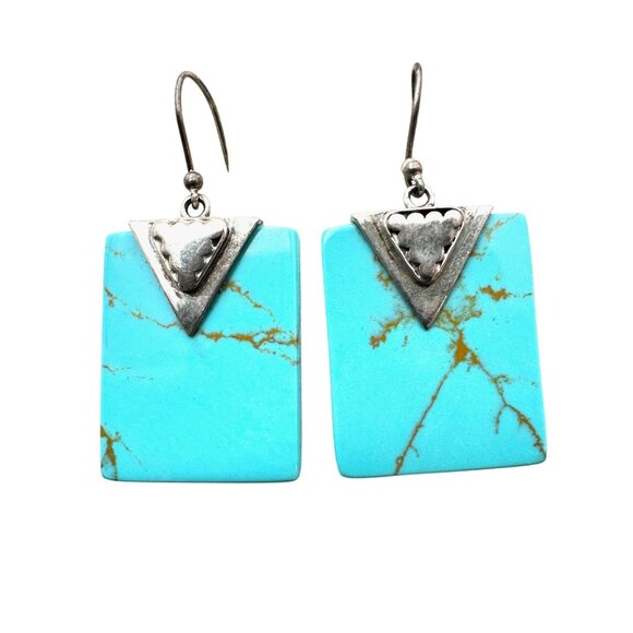 Blue Green Turquoise Sterling Silver Pierced Earrings 1.5" Original Card NOS - Picture 2 of 5